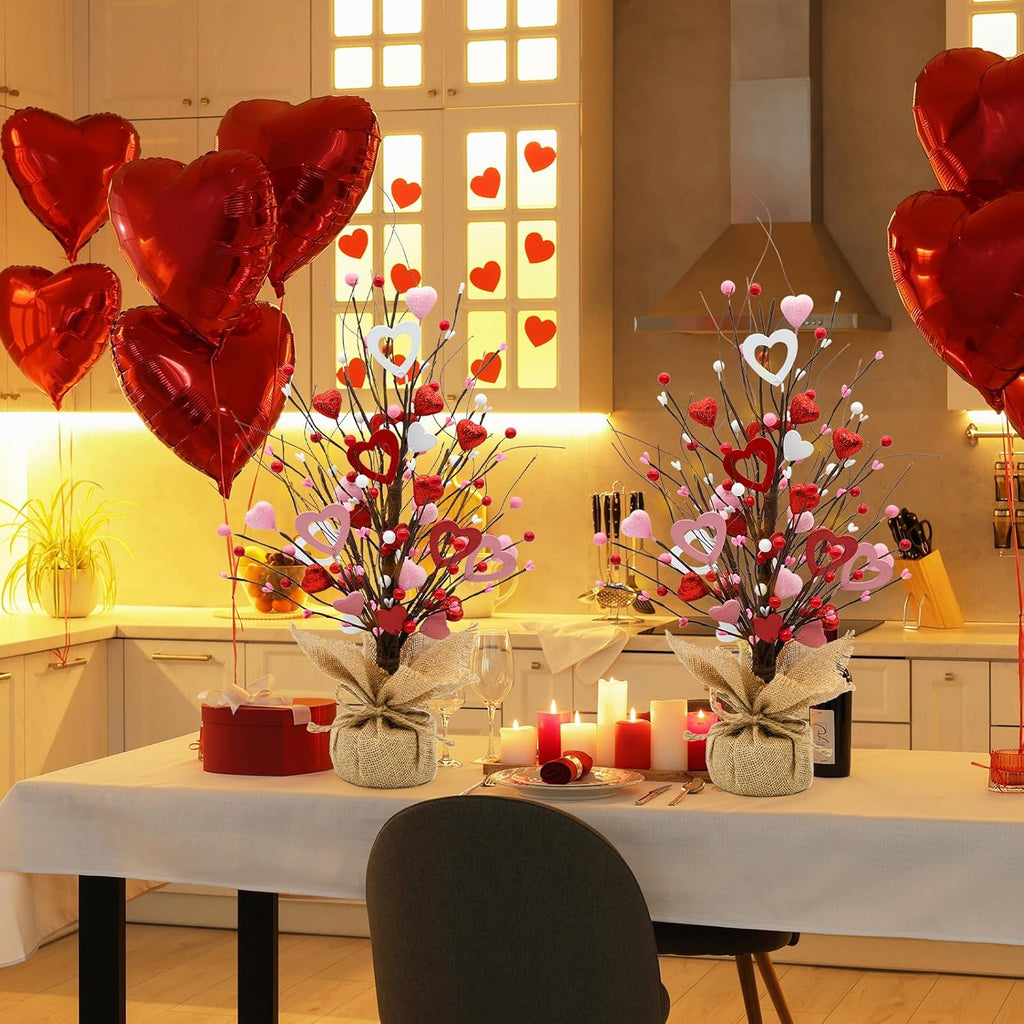 Valentine Tree Decorations, 2 Pack Artificial Tree with Berries and Hearts, Valentines Day Centerpiece for Table Home Office Party Decor, Galentines Day Decorations