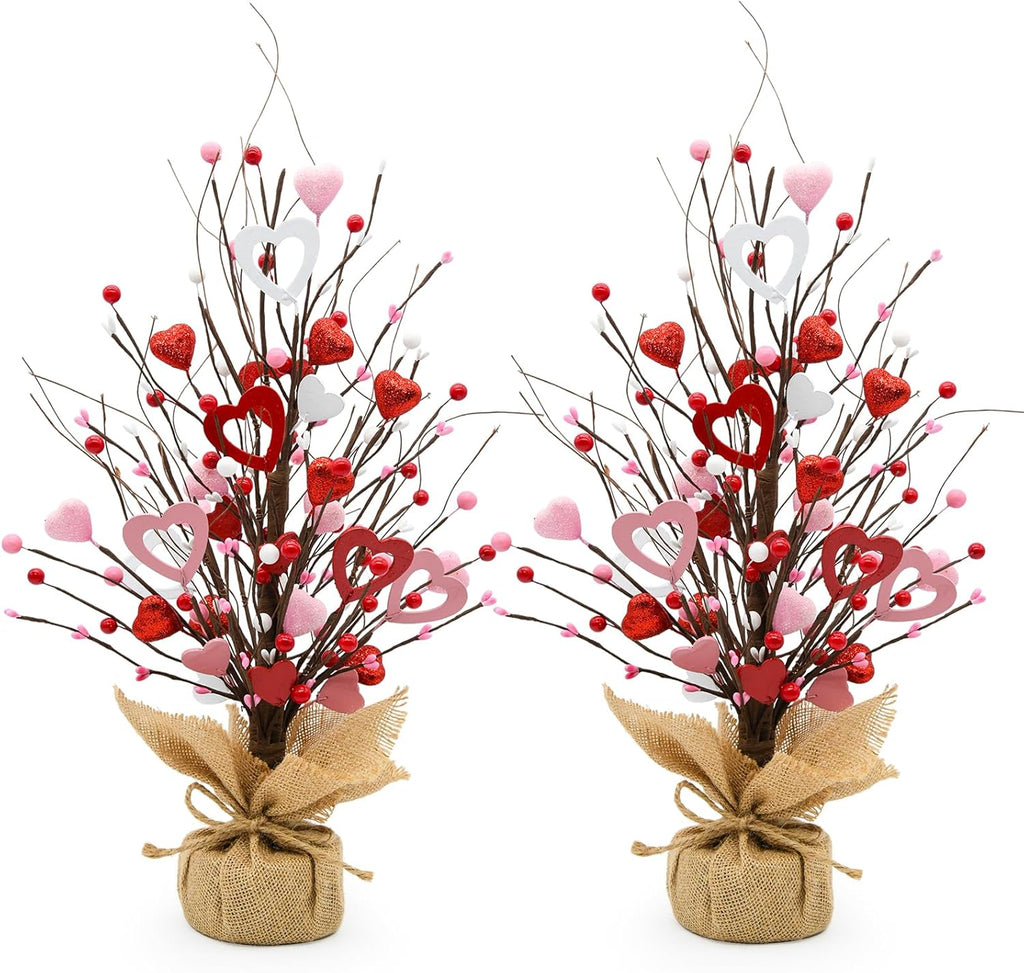 Valentine Tree Decorations, 2 Pack Artificial Tree with Berries and Hearts, Valentines Day Centerpiece for Table Home Office Party Decor, Galentines Day Decorations