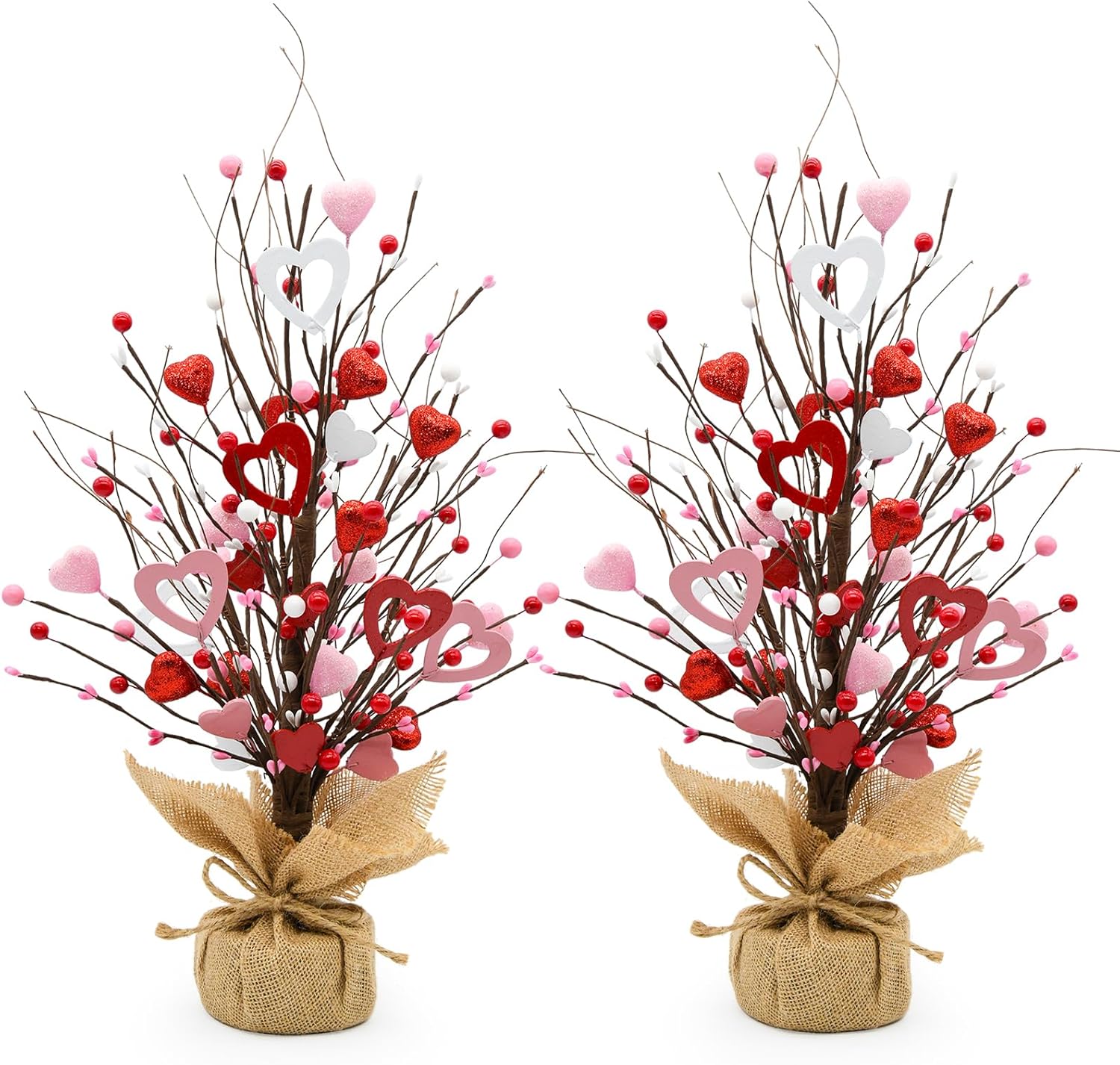 Valentine Tree Decorations, 2 Pack Artificial Tree with Berries and Hearts, Valentines Day Centerpiece for Table Home Office Party Decor, Galentines Day Decorations
