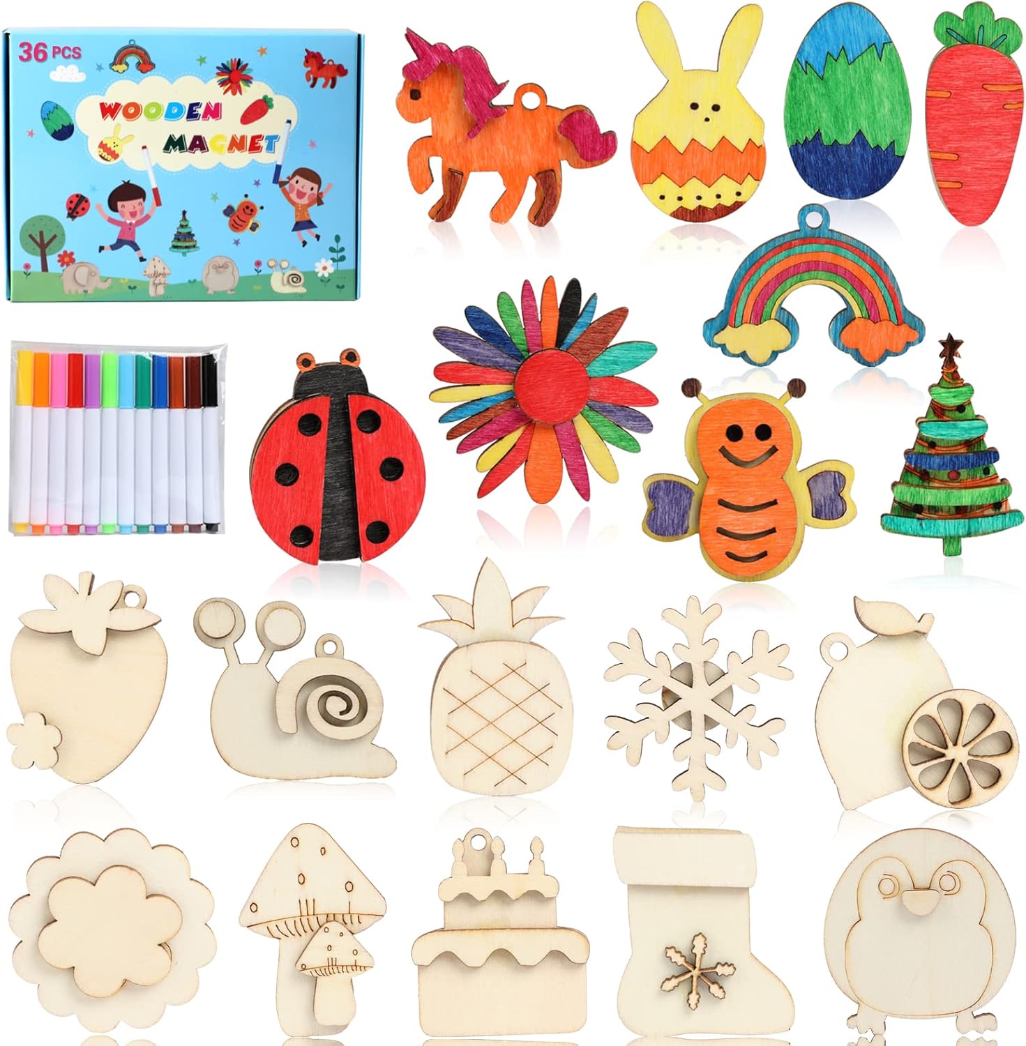 DIY Wooden Magnets, 36 pcs Wooden Art Craft Supplies Painting Kit for Kids Party Favors for Boys Girls Ages 4-8 8-12 Birthday Easter Crafts Gifts Toys Basket Goodie Bag Stuffers