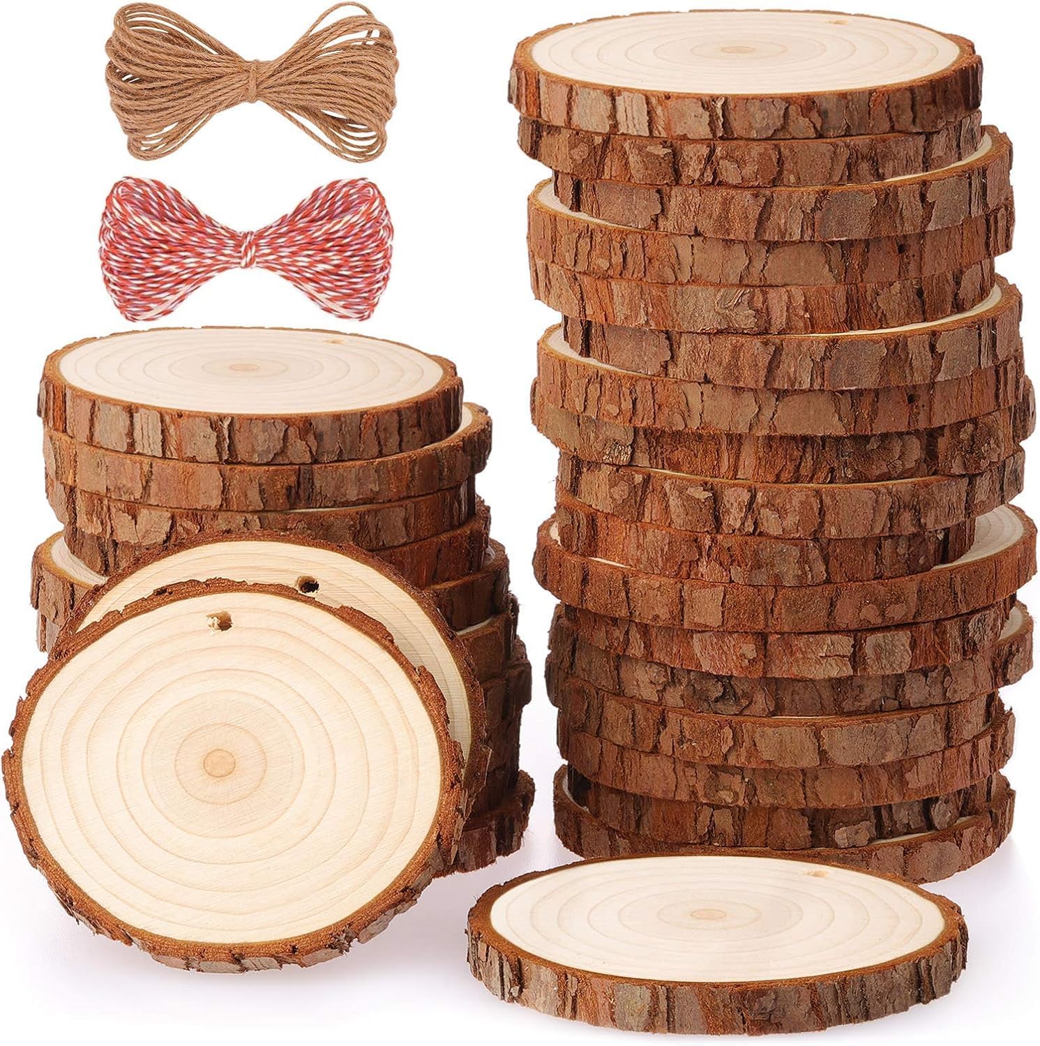 Natural Wood Slices 30 Pcs 2.4-2.8 Inches Craft Wood Kit Unfinished Predrilled with Hole Wooden Circles Tree Slices for Arts and Crafts Christmas Ornaments DIY Crafts