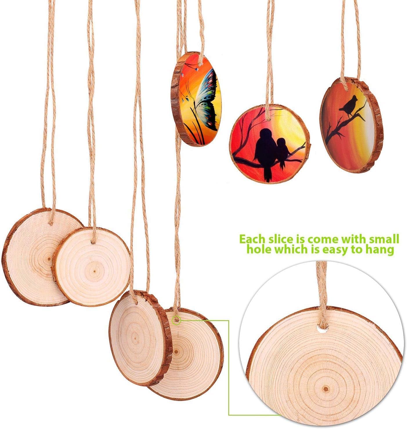 Natural Wood Slices 30 Pcs 2.4-2.8 Inches Craft Wood Kit Unfinished Predrilled with Hole Wooden Circles Tree Slices for Arts and Crafts Christmas Ornaments DIY Crafts