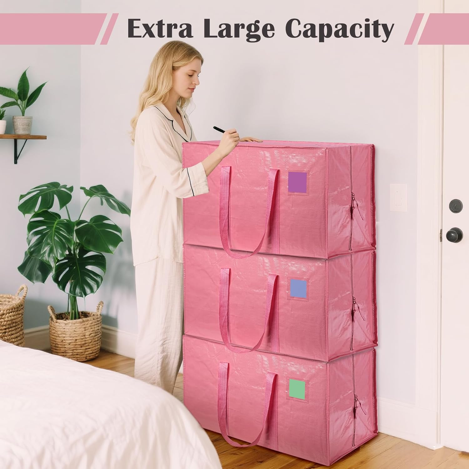 6 Pack Extra Heavy Duty Large Moving Bags with Reinforced Zipper & Wide Handles, Waterproof Storage Bins for Clothes, College Dorm, Travel, and Home Organization, Pink