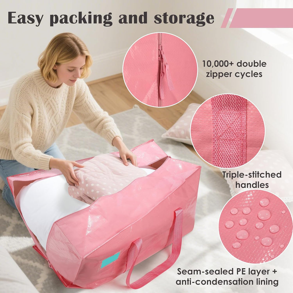 6 Pack Extra Heavy Duty Large Moving Bags with Reinforced Zipper & Wide Handles, Waterproof Storage Bins for Clothes, College Dorm, Travel, and Home Organization, Pink